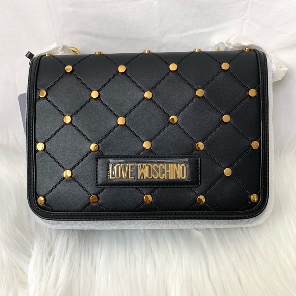 LOVE Moschino Borsa PU Nero Vegan Leather Studded Black Crossbody Bag NWT - Picture 5 of 15